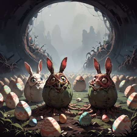 score_9, score_8_up, score_7_up, score_6_up, score_5_up, score_4_up, source_anime, BREAK, a group of xenoeggs on a sunny grass lawn, science fiction, horror_(theme), easter eggs, bunny playing with facehugger,,