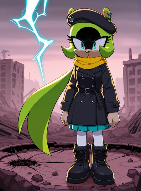 1girl, solo, full body, no humans,
<lora:Surge-the-Tenrec_v4:1> surge the tenrec, black face, aqua eyes, alternate hairstyle, low ponytail, very long hair,
winter outfit, long coat, pleated skirt, white pantyhose, boots, scarf, beret, (medium shot), encountering strangers, detailed face, located in a ruined world at a abandoned crater during dusk with sunny weather, illuminated by lightning flashes, creating a tense,dystopian atmosphere, extremely detailed, highres, masterpiece, best quality