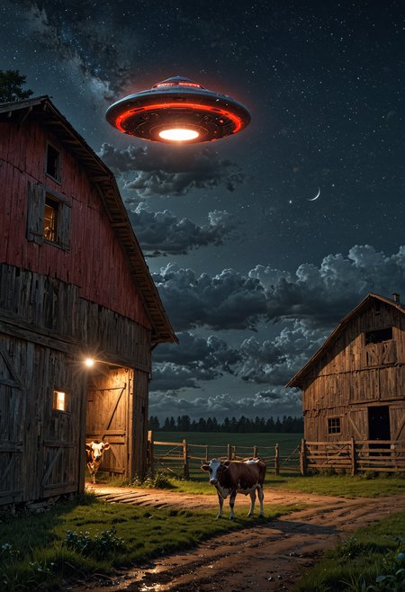 In the enigmatic night setting, a sleek, metallic UFO resembling a flying saucer hovers with an ominous presence above a lone cow standing in front of a rustic barn. A powerful spotlight cuts through the darkness, illuminating the cow in an intense beam. The scene is depicted in a hyper-realistic painting that captures every intricate detail: the cow's deep brown fur, the weathered wood of the barn, and the gleaming UFO against the night sky. This stunning image exudes a sense of mystery and tension, drawing viewers in with its impeccable artistry and striking visual storytelling.  <lora:EpicF4nta5yXL:0.8>