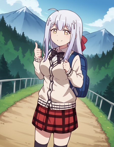 score_9, score_8_up, score_7_up, source_anime, <lora:raphiel-shiraha-ainsworth-s1-ponyxl-lora-nochekaiser:1>, raphiel shiraha ainsworth, long hair, ahoge, white hair, hair ornament, cross hair ornament, yellow eyes, large breasts,, skirt, school uniform, plaid, kneehighs, plaid skirt, cardigan, bow, black bow, bowtie, white cardigan, red skirt,, mountain trail, hiking, nature, backpack, adventure, fresh air, smile, , hand showing a thumbs down, solo,, cowboy shot, dutch angle