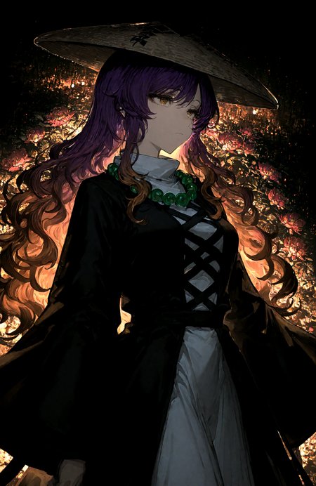1 girl,  hijiri_byakuren,l bead_necklace, beads, black_dress ,brown_hair ,closed_eyes, closed_mouth, dress , facing_viewer, flower ,gradient_hair , jewelry ,long_hair ,long_sleeves ,multicolored_hair, necklace, purple_hair ,solo ,wide_sleeves,wavy_hair,
dark, night,  ajirogasa,
,Fishine, munakata_(sekimizu_kazuki),dekosukentr,kizuki_aruchu ï¼ireadingï¼kubo_tite_(style) ,
,masterpiece, best quality, newest, absurdres, highres,
<lora:illustrious_noobai_epsilon_pred_1_best_quality_v1:0.6> ,<lora:illustrious_noobai_epsilon_pred_1_masterpieces_v1:0.6>, <lora:illustrious_noobai_epsilon_pred_11_very_aesthetic_v1:0.6>, <lora:ponyv5_noobV065S_1_adamW:0.6>, <lora:add-detail-xl:0.5>,  <lora:USNR STYLE_XL_loha:0.6>, <lora:cfg_scale_boost:0.4>,