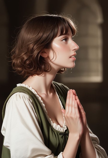 Score_9, score_8_up, score_7_up, realistic, profile, bignoselady, medieval era, bignoselady, large nose, aquiline, (nose bump), 1girl, solo, jewelry, tiny breasts, cleavage, sagging breasts, drooping breasts, dirty skin, brown hair, fringe bangs, fluffy hair, short hair, pageboy hair, loose tunic, lowcut tunic, parted lips, bow shaped lips, cupids bow, perfect teeth, moist lips, moist mouth, dewey, glow, backgrond is medieval castle interior, praying pose, prayer hands, prayer 🙏🏽