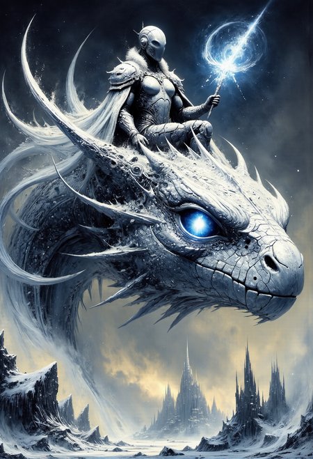 A majestic, frost-covered dragon with shimmering white scales and glowing icy-blue eyes soars through a frozen, twilight sky. The air around it is filled with swirling snowflakes and crystalline frost, leaving an icy trail in its wake. Atop the dragon sits a regal Ice King, clad in ornate silver armor adorned with frost patterns, his flowing cloak made of snow-laden fur. His frost-blue eyes pierce through the frigid air, and he holds a glimmering ice scepter aloft, radiating swirling, frost-blue magical energy that dances like frozen fire.  Below them, a frozen kingdom stretches into the horizonâan ethereal landscape of jagged ice cliffs, glacial rivers, and towering castles sculpted entirely from translucent ice. The atmosphere is charged with an icy magic, as glowing runes shimmer faintly on the dragon's scales. Frost and shimmering particles fill the scene, creating a breathtaking yet chilling display of power and majesty, set against the backdrop of an endless, starry winter sky. <lora:Dever_Flux_Enhancer.safetensors:0.5>,  <lora:- Flux1 - vanta_black_V1.0.safetensors:0.75>,  <lora:artisketchyfs-v02.safetensors:0.75>,  <lora:paintart-style-006-v1-0-flux.safetensors:0.7>,
