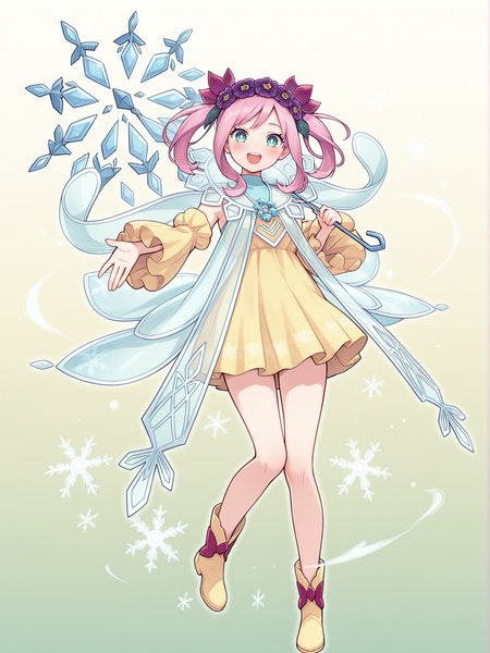 1girl, rikka queen strenna, solo, open mouth, smile, snowflakes, holding crystal umbrella, crystal umbrella, green background, looking at viewer, full body, blush, :d, sidelocks, teeth, gradient background, white pupils, purple hair flower, see-through cape, yellow detached sleeves, yellow strapless dress, yellow boots,
masterpiece,best quality,amazing quality,very aesthetic,absurdres,newest,<lora:Rikka Queen Strenna illusXL v1.1:0.7>,
