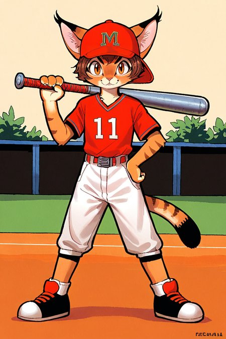 (anthro caracal cat girl:1.2),brown hair,baseball cap,Baseball outfit,solo,full body, 
illustration,tezuka osamu,looking at viewer,baseball field,holding baseball bat
<lora:Perfect Hands:1> <lora:age_slider_v4:-2> <lora:osamu:0.8>, score_9, score_8_up, score_7_up, score_6_up, score_5_up, score_4_up,zPDXL