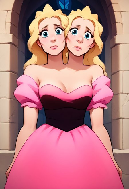 score_9, score_8_up, score_7_up, score_6_up, score_5_up,  <lora:st3v3nXLP:1> st3v3n, princess, puffy sleeves,cleavage, solo, medium breasts, off-shoulder pink dress, 1girl with twoheads, long hair, blonde hair, blue eyes, indoors, castle, 2heads