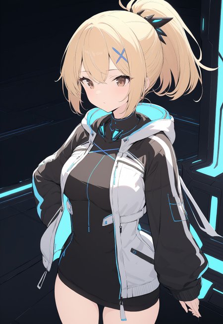 masterpiece, best quality, V4NGU4RD, 1girl, blonde hair, ponytail, jacket, short hair, brown eyes, science fiction, hood, hood down, open clothes, Vanguard Jacket, hair ornament