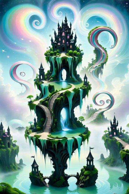 Floating Surreal Islands - A series of floating islands in the sky, each with different gothic, Fae (fairy) architectural featuresâone with a crumbling stone castle, another with a labyrinthine tower, and a third with a bridge that seems to stretch and curve like a ribbon. Ethereal mist swirls around the islands, and distant tiny fae silhouettes flit between them. <lora:EnvyPastelGoth02-prodigy-batch6:1> <lora:SDXLFaeTastic2400:1> <lora:Goth_SDXL_V1:1> <lora:LowBrowXL:1> <lora:GothGirlLorav0.1:1>