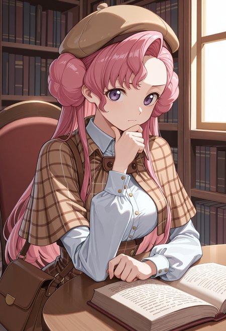 masterpiece, best quality, highres, absurdres, very awa, 1girl, solo, euphy, pink hair, double bun, doughnut hair bun, asymmetrical bangs, detective, plaid clothes, capelet, collared shirt, high-waist skirt, long sleeves, plaid capelet, plaid skirt, puffy sleeves, beret, shoulder bag, indoors, library, bookshelf, upper body, elbows on table, elbow rest, purple eyes, window, pov across table, looking at viewer, table, chair, open book, hand up, hand on own chin, stroking own chin, thinking, closed mouth