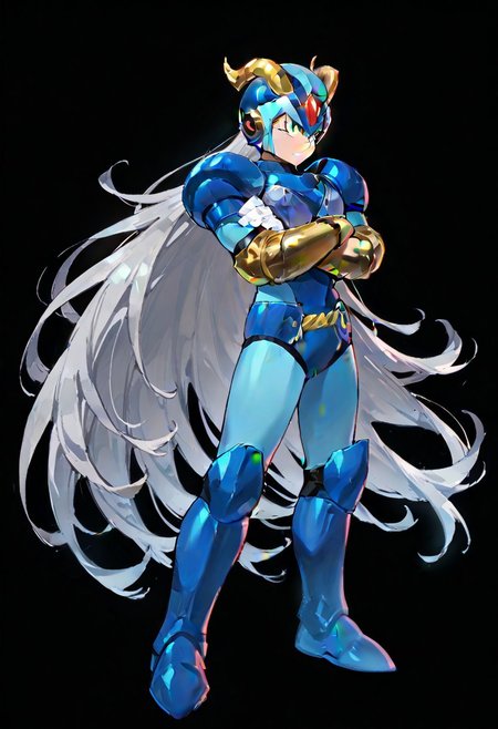 masterpiece, best quality, amazing quality, highres, high resolution, solo, score_9, score_8_up, score_7_up, 1boy, male focus, :green_eyes, blue_helmet, blue_armor, blue_bodysuit, white_gloves, blue_boots, very long hair, grey hair, large pectorals, ex kulve taroth alpha armor, gold horns, gold gauntlets, black knee boots, gold pauldrons, arms crossed, full body,