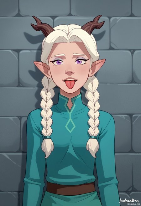 score_9, score_8, score_7, score_6,
triplevexx, solo, ((Lujanne)), Elf, Moonelf, Horns, Long Twin Braids, White Hair, looking at viewer, leaning against marble wall, sticking tongue out, purple eyes,