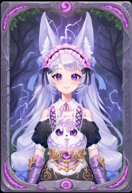 score_9,score_8_up,score_7_up, source_anime,
hyper-detailed, masterpiece, best quality,
(simfonira, source_reference),source_screen_good, model_type_fox,ears_fox, outfit_maid,maid, hair_tails,twintails, long hair, hair bow,  eyes_purple,purple eyes,
upper body,
Card, Tarot, graphic border, Illustrative,
pink atmosphere, obsidian stone, skeuomorphic, detailed,
Smiling eyes,
forest background,
Lustful personality, 
Jewelry, Extravagant, Shoulderless,
side view,
glowneon, glowing, lightning