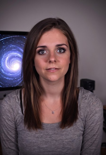 youtube girl H4Z3L6 talking to the camera about astrophysics, 1girl, solo, looking_at_viewer, realistic