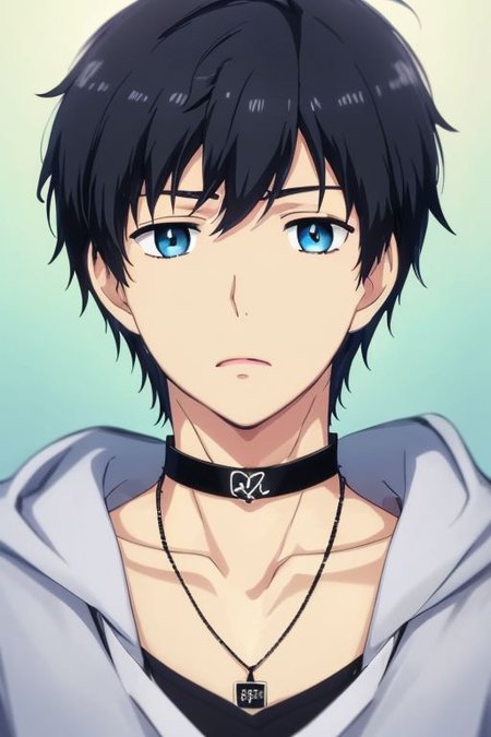 high resolution, solo, best quality, 1Boy, Arata Kaizaki, Portrait, Black Hair, Blue Eyes, bangs, necklace, choker, hair between eyes, Hoodie, OverallDetail