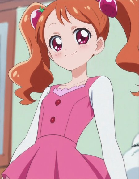 score_9, score_8_up, score_7_up, anime screencap, solo,1girl,usamiichika,  smile,  looking at viewer, strawberry hair ornament, long sleeves, pink dress,white shirt,cowboy shot,small breasts,blush<lora:usamiichika:0.8>