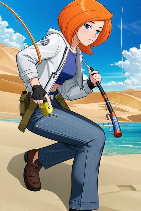 <lora:ann_possible:.6>, ann possible, masterpiece, best quality, 1girl, blue sky, orange hair, cloud, day, fingerless gloves, fishing, fishing rod, gloves, holding, holding fishing rod, jacket, long hair, long sleeves, multicolored clothes, multicolored jacket, outdoors, pants, sky, solo, two-tone jacket, mature female,