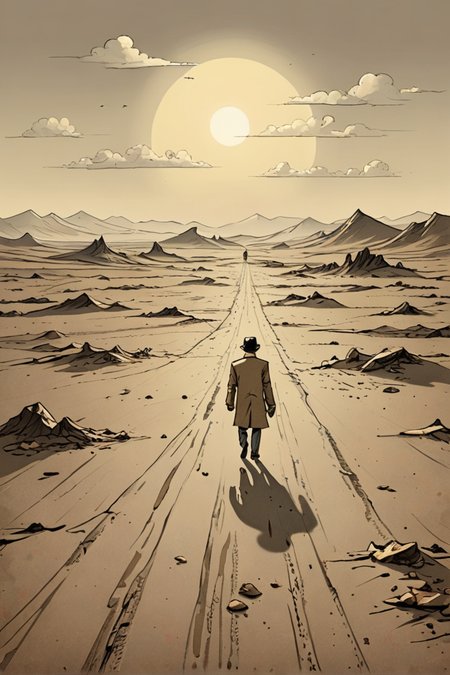 (absurd caricature), A solitary figure, wandering through a desolate landscape.