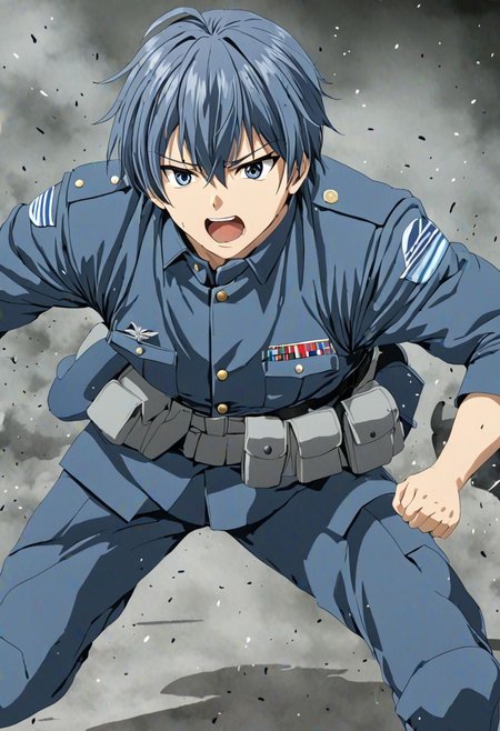high resolution, solo, best quality, 1Boy, Tomoya Okazaki, Grey Blue Hair, military, action, OverallDetail