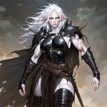 masterpiece, best quality, newest, absurdres, highres, DMIXV1.0, 1girl, pale, white skin, colored skin, pale skin, elf, pointy ears, muscular woman, armor, cape, leather armor, scar, scars on face, white hair, long hair, messy hair, black armor, black leather, blue eyes,