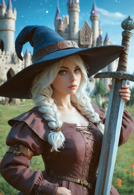 safe_pos, young woman, solo, Looking at viewer, Masterpiece a stunning female witch, ((full clothed witch outfit with armor, witch hat)), Blue eyes, long bob white hair with bangs, Dynamic action pose,
(Holding a huge sword:1.5)
Background: (Medieval castle, night sky: 1.9)
score_9, score_8_up, score_7_up, score_6_up, source_cartoon, rating_explicit, Expressiveh, (((((upper body))))), dynamic pose
 <lora:Dynamic Poses:1>
 <lora:detailed_notrigger:1>
(((full clothed)))