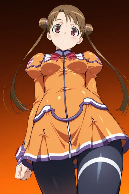 masterpiece, best quality, stellvia_katase_shima_ilxl, 1girl, solo,  <lora:stellvia_katase_shima_ilxl:0.9>, orange shirt, orange skirt, from below, looking at viewer, from front