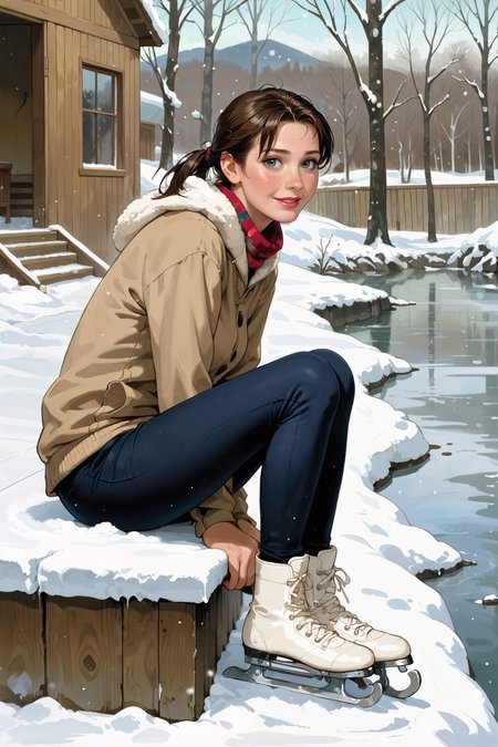 score_9_up, score_8_up, score_7_up, frozen lake surrounded by snow-covered trees, the surface glistening like glass under the soft light of a pale winter sun, faint trails of animal footprints crisscrossing the snowy banks, creating a tranquil and pristine atmosphere BREAK charming woman, shoulder-length dark brown hair tied back in a loose ponytail, her cheeks flushed from the cold, sitting on the edge of a wooden dock dusted with snow, lacing up a pair of ice skates with a soft, focused expression, exuding quiet determination and grace BREAK the serene beauty of the frozen landscape combined with her calm and thoughtful presence creates a moment of delicate harmony in the winter setting