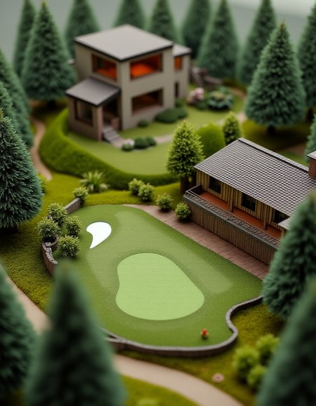 (indoor,very wide isometric view,tilt-shift lens:1.6), (miniature,diorama,no_realistic,no_photo:2) of (stasis _chamber:1.5), golf course