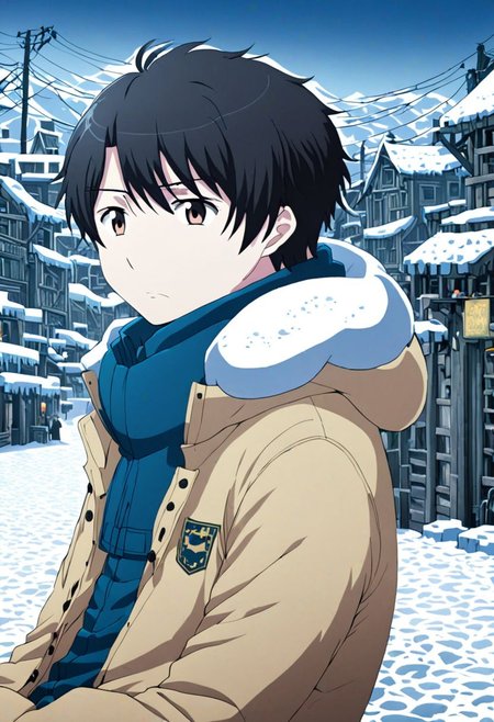 high resolution, solo, best quality, 1Boy, Inaho Kaizuka, Black Hair, chilling, snow town, winter jacket, OverallDetail