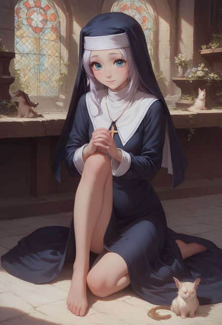 score_9, score_8_up, score_7_up, maria, nun,1girl, long hair, detailed blue eyes, cute, adorable, innocent, full body shot, detailed, pure, soft, sitting
