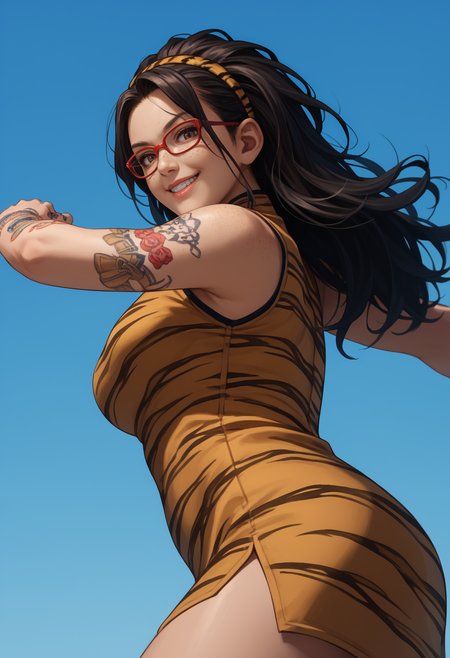 score_9, score_8_up,score_7_up, source_anime, 1girl, solo, <lora:DMCNC_pdxl_EliPot:1> Ncltt, mature female, 
black hair, long hair, brown eyes, glasses, red-framed eyewear, plaid hairband, freckles, 
arm tattoo, hand tattoo, nail polish, 
 china dress, tiger print, from side, blue sky, smile, looking at viewer, fighting stance, from below, serious,