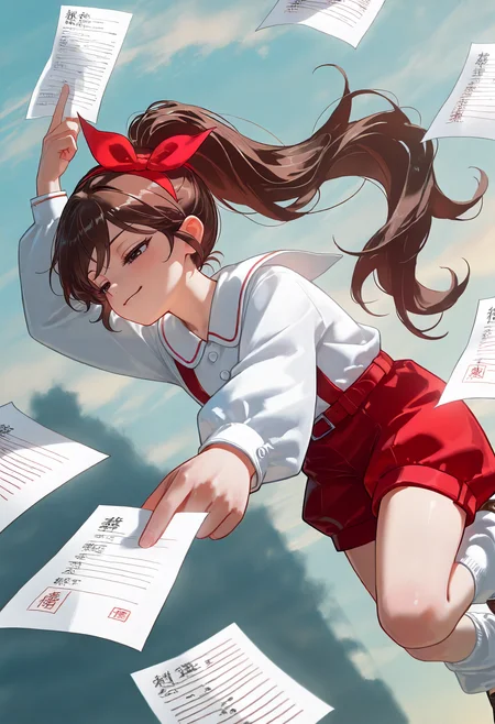 1girl, honored, ruirui, midair, smirk, half-closed eyes, brown hair,long hair,ponytail,long hair, hair bow,white shirt,long sleeves,red suspender shorts,loose socks,loafers, brown eyes, holding paper, 
<lora:cfg_scale_boost:0.3>,<lora:nai_noob_new_1536:0.3>,<lora:nyaliaXLNBVP1lokrV6311P:0.3>, <lora:illustriousXL_stabilizer_v1.23:0.4>, <lora:honored:1.0>, <lora:ruirui_ill_v1.0:1>, (masterpiece, best quality, newest, highres:1.3), good quality, very aesthetic, absurdres, newest, very awa,