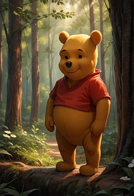 score_9, score_8_up, score_7_up, score_6_up, winniethepooh, solo, red shirt, shirt, 1boy, furry male, bear, short sleeves, black eyes, cute, standing in the forest, considers his next option, trees, flowers, sunshine, photorealistic render