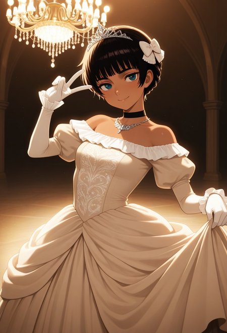 masterpiece, best quality, amazing quality,
 1girl,,casca_(berserk), dark-skinned female,   pixie cut,(blunt bangs:2),black choker, (princess braid:1.4),Sepia colour dress, juliet sleeves, necklace,flower hair bow,(hair ornament:1.2),
Tiara,  ballgown, exposed shoulders, ruffled sleeves,
white glove,
,v,  smile, 
dance_hall,chandelier,at night,Dressed ladies and gentlemen background