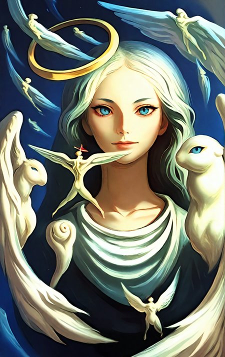 <lora:sabinbalasa_pony_v2:1>' portrait ' by Balasa Sabin in 1999, symbolic painting \(genre\), Kitsch \(style\), Surrealism \(style\), Fictional character, Angel, Mythical creature, The artwork is a surrealistic painting featuring a potrait of a young girl,, score_9, score_6_up, score_7_up