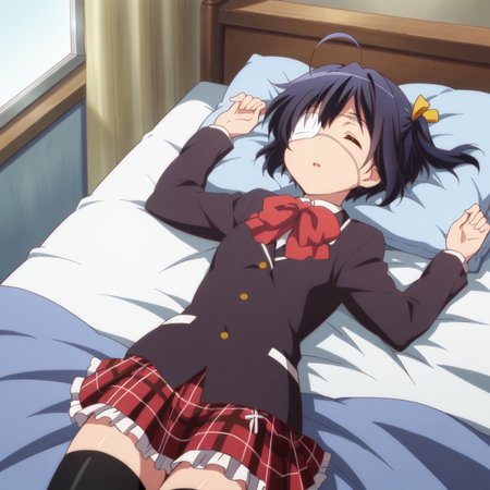 masterpiece, best quality, amazing quality,1girl, solo, love_chunibyo_other_delusions_takanashi_rikka, school uniform, eyepatch, lying, on back, one side up, ahoge, thighhighs, black hair, short hair, closed eyes, plaid skirt, sleeping, plaid, black thighhighs, bed, blazer, jacket, zettai ryouiki, bedroom, bed, <lora:Takanashi_Rikka:0.7>