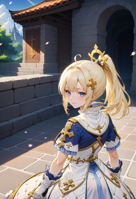 masterpiece, best quality, very aesthetic, absurdres, rom_saint_xl,
1girl, blonde hair, ponytail, hair ornament, blue eyes, light smile, head tilt, 
medium shot, from behind, looking back, looking at viewer, blue short sleeves with gold cross, outdoors, falling petals, light rays, tyndall effect, vivid colors, tranquil and magical atmosphere,
shiny skin, beautiful face, beautiful eyes, extreme detailed, official art, professional illustration, hires,
<lora:rom_saint_pony_xl:1>, <lora:aesthetic_anime_v1s:0.5>, <lora:add_details_xl:0.5>