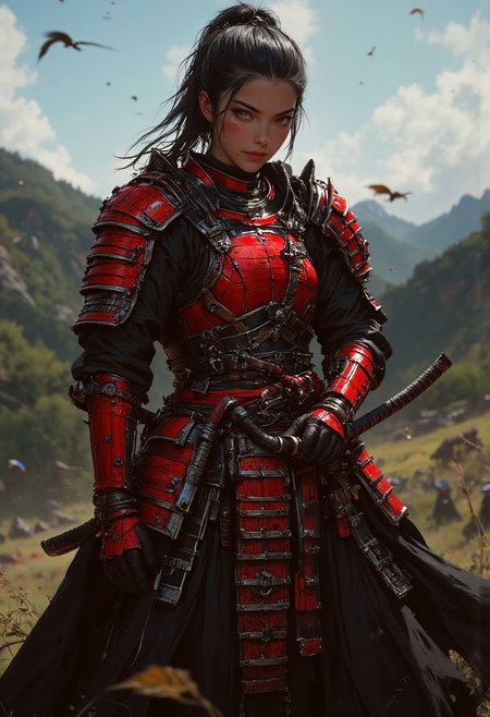 A far shot of a beautiful asian samurai girl with brown eyes and long black hair in a ponytail, wearing red samurai armor, she's holding a katana in her hands, she stands outside on a grassy field after an intense battle, samurai bodies on the ground, standing pose, (maximum ultra high definition image quality and rendering:3), maximum image detail, S1n0z1ck style, mythp0rt, samurai