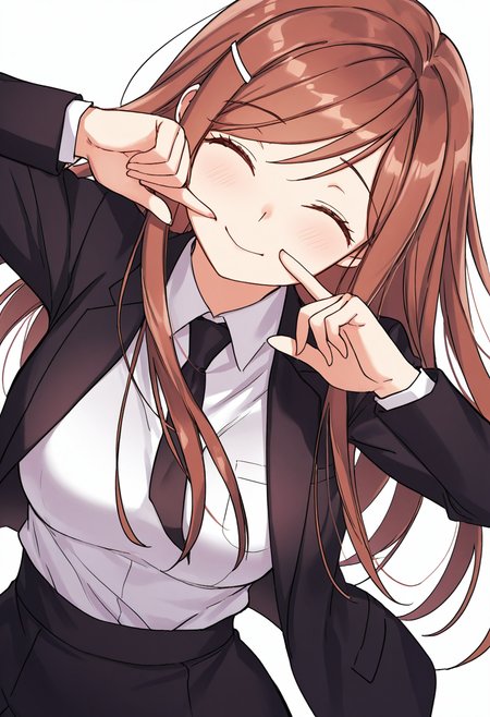 Smooth Quality,masterpiece,very intricate, high quality details, ultra realistic, high detailed skin,detailed enviorement,absurdres,
simple background, white background, dancing,skindentation, solo,dynamic angle,open hand,
 <lora:Dasom_Lee_CNR:0.8> dasom_cnr,  1girl, brown hair, long hair, bangs, purple eyes,hairclip,dasom_uniform_cnr, school uniform,white shirt, collared shirt, black jacket, black skirt,pencil skirt,black necktie,, fingersmile,, \(^o^)/,