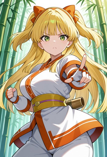 masterpiece, best quality, amazing quality, very aesthetic, absurdres, highres, newestsource_anime, rating_explicit, (embedding:zPDXLxxx:1), Perfect Hands BREAK (girl:1.2), (little:1.2), Jougasaki_Rika, 1girl,solo,blonde_hair,(long_hair:1.3),two-side_up,green_eyes,1girl, solo, breasts,large breasts, hair bow, hairband, ainu clothes, japanese clothes, short sleeves, pants, fingerless gloves, bamboo forest, pointing at viewer, serious, hawk,  <lora:Nakoruru_illus:1>
