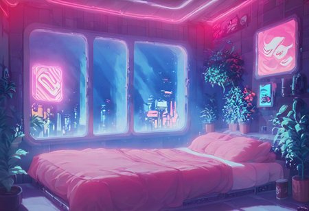 score_9,score_8_up,score_7_up,score_6_up, 
steaming coffee cup on windowsill, plants on the windowsill, wall of plants, monstera plant, large plant, tidy bedrrom, small room, cramped bedroom, teddies on the bed, cyberpunk city view out of the window, neon light, purple neon lights,