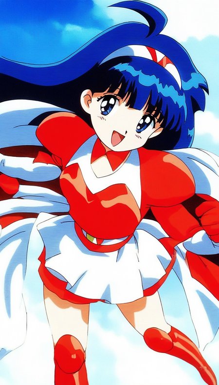 score_9, score_8_up, score_7_up, source_anime, rating_explicit, BREAK  <lora:Tsurugino_Hikari_XL:1>Tsurugino_Hikari, long hair, blue hair, 1990s (style), hairband, blue eyes, bangs, ahoge, small breasts,
Tsurugino_Hikari, 1girl, retro artstyle, solo, 1990s (style), open mouth, cape, boots, armor, smile, knee boots, red gloves, skirt, dress, pauldrons, looking at viewer, shoulder armor,
outdoorm, day, sky,