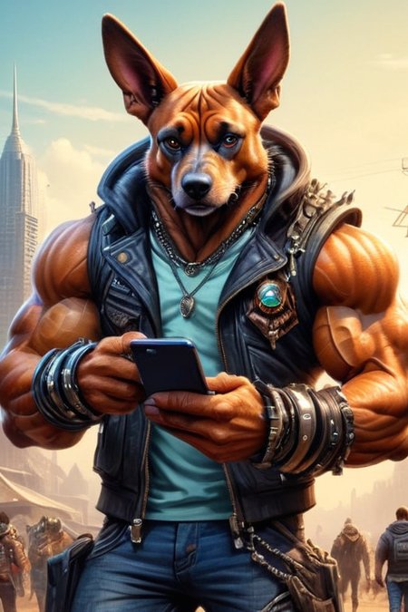 ultra-fine digital painting of a madpunk muscular  <lora:anthro_muscular:0.7> anthro Dog (Checking phone, modern engagement) at Exoplanet society governed by hive mind,  super detail, ultra-realism, <lora:xl_more_art-full_v1:0.3>,  <lora:madpunk:0.6>  ,  <lora:pastel_colors_xl_v3:0.7>