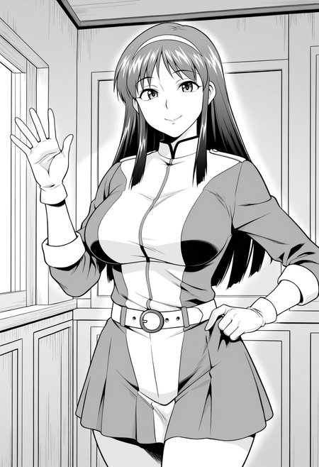 1girl,solo,mm,mature female,long hair,hairband,large breasts,greyscale,monochrome,
uniform,belt,gloves,skirt,hand on own hip, waving, looking at viewer, smile,indoors
,masterpiece,best quality,amazing quality,<lora:Sayaka_Yumi-Mazinger_Angels:0.8>