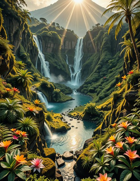 A breathtaking view of an ancient, dormant volcano now transformed into a lush, vibrant natural sanctuary. The crater is filled with dense tropical forests, colorful exotic flowers, cascading waterfalls, and mist swirling gently in the morning light. Vines and moss cover the dark volcanic rocks, and small streams wind down the slopes. while rays of sunlight pierce through the dense canopy, creating sparkling reflections on the water. The atmosphere feels peaceful, enchanted, and untouched by humans. The scene is depicted in an ultra-detailed, hyper-realistic style, with warm, soft lighting and rich, saturated colors that enhance the magical and serene mood of the landscape.
<lora:SDXLFaeTastic2400:0.4> <lora:extremely_detailed:0.4> extremely detailed,dormant v0lc4n0, <lora:dormant_v0lc4n0-i:1>, Masterpiece,best quality,hi res,8k,hi res,8k,award winning,(sharp focus, intricate, highly detailed),