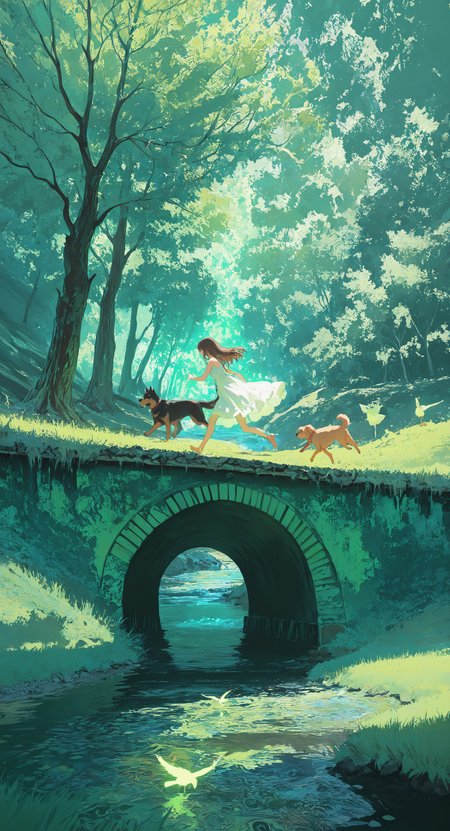 masterpiece, best quality, good quality, very awa, newest, highres, absurdres, 1girl, solo, long hair, brown hair, dress, outdoors, day, white dress, water, tree, bird, animal, grass, scenery, nature, running, dog, sundress, bridge, green theme, river, arch, limited palette, sketch, glowing, psychedelic, <lora:illustriousXL_stabilizer_v1.23:0.3> <lora:NOOB_vp1_detailer_by_volnovik_v1:0.3> <lora:ponyv6_noobE11_2_adamW-000017:0.3> <lora:114558v4df2fsdf5:0.7> <lora:mon_monmon2133:0.6>