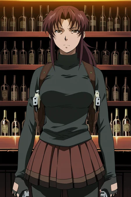 anime screencap, anime coloring, detailed face, masterpiece, best quality, very aesthetic, absurdres, volumetric lighting, official style, amazing quality, ultra detailed,  highres, amazing quality, scenery, beautiful detailed hair, beautiful detailed eyes, 
 <lora:Revy_Black_Lagoon:1>
in a bar, alcohol bottles,
Revy (character), 1girl, solo, revy (black lagoon), burgundy hair, ponytail, brown eyes,
Revy black tactical suit with skirt (outfit), shoulder holster, weapon, gun, handgun, holster, pantyhose, dual wielding, skirt, holding, fingerless gloves, serious expression, looking at the viewer