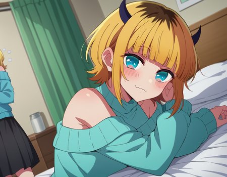 score_9, score_8_up, score_7_up, source_anime,
memcho, <lora:memcho-s1-ponyxl-lora-nochekaiser:1>
memcho, blonde hair, blue eyes, blunt bangs, demon horns, fake horns, horns, short hair,
bare shoulders, black skirt, blue sweater, long sleeves, off shoulder, off-shoulder sweater, puffy sleeves, skirt, sweater, white ribbon,
indoors, bed, bed room, on side, blush, drunk,
looking at viewer, dutch angle, cowboy shot