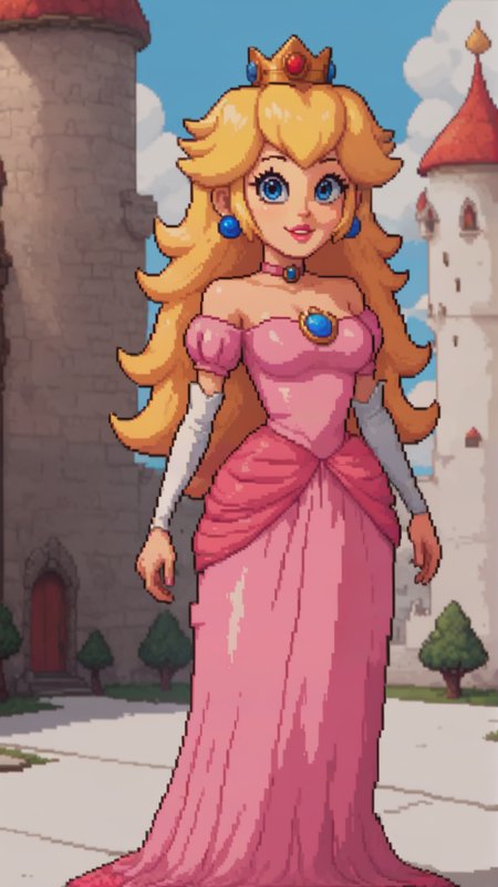 score_4,score_5,score_6,score_7_up,score_8_up,score_9 BREAK <lora:SNES_Earthbound_Enemies-000001>,1girl,solo,jewelry,earrings,long hair,breasts,very long hair,big hair,choker,dress,medium breasts,bare shoulders,outdoors,smile,parted lips,<lora:Princess_Peach_Shiny_Style_V2:0.7>,shiny,shiny skin,princess peach,castle,DisneyStyleXLP,cartoon,cute,cinematic,art by disney pixar studios,pixel art,(16-bit pixel character),(simple design),16-bit color,