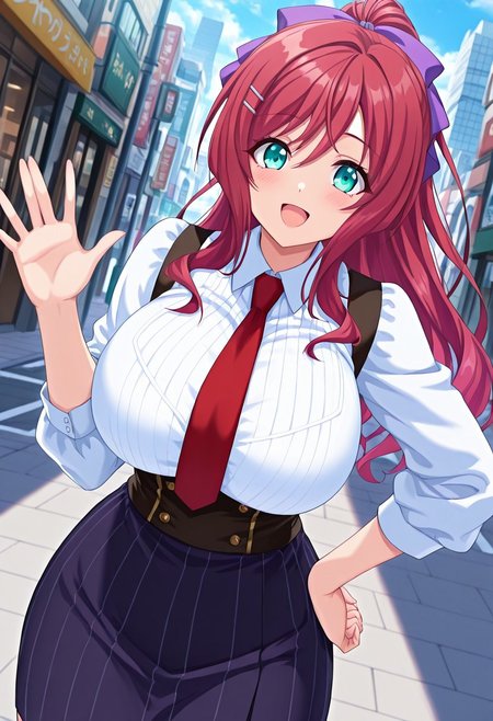 general,highres, ultra-detailed,very aesthetic,best quality ,best hands,best eyes,easynegative,
dynamic anglre, dutch angle, anime cloring,
1girl solo,looking at viewer,smile, open mouth, hand on hip,city,street, waving hand, 
Kotomi Hanamori,red hair, long_hair, ponytail, hairclip, hair ribbon, purple ribbon, huge_breasts, aqua eyes,shirt,skirt,tie,