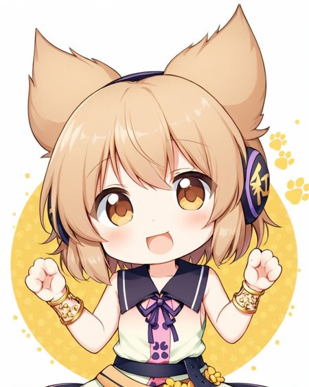 toyosatomimi no miko,1girl, solo, earmuffs, open_mouth, chibi, purple_ribbon, :d, looking_at_viewer, fang, bracelet, black_belt, neck_ribbon, blush, sleeveless_shirt, bare_shoulders, circle, hands_up, upper_body, outside_border, paw_pose, paw_print_background, :3, white_background, blouse
<lora:toyosatomimi_no_miko_image4798_2023-12-20-000009:1>,star-shaped_pupils,symbol-shaped_pupils,. gorgeous,key visual, vibrant, studio anime,award-winning, professional, highly detailed,high budget, cinemascope
